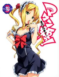  black_dress blonde_hair bow braid breasts collarbone copyright_name cover cowboy_shot dress eating female flower food frilled_dress frills green_eyes hair_flower hair_ornament head_tilt highres himegami_kodama holding ice_cream licking licking_finger logo long_hair looking_at_viewer maid maid_headdress maken-ki! official_art open_mouth parted_bangs puffy_short_sleeves puffy_sleeves red_flower red_rose ribbon rose sexually_suggestive short_dress short_sleeves side_braid sidelocks simple_background small_breasts solo standing takeda_hiromitsu tongue tongue_out twin_braids twintails very_long_hair white_background 