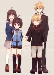  2boys 2girls ^_^ age_comparison aged_up ahoge amatori_chika arm_at_side arms_behind_back bad_id bad_pixiv_id black_footwear black_hair black_jacket black_legwear black_pants black_shorts blazer blue_jacket blush boots bow bowtie brown_footwear buttons closed_eyes collared_shirt dual_persona ema_yuzuru eyebrows full_body gakuran grey_background grey_pants grey_skirt hair_between_eyes hand_in_pocket happy head_tilt high_collar holding_hands jacket kageura_squad&#039;s_uniform kneehighs legs_apart long_sleeves looking_at_another looking_at_viewer mikumo_squad&#039;s_uniform miniskirt multiple_boys multiple_girls open_mouth pants pants_tucked_in pleated_skirt pocket polka_dot polka_dot_background purple_eyes reaching red_bow red_bowtie school_uniform shirt shoes short_hair shorts signature skirt smile socks standing straight teenage time_paradox white_legwear white_shirt world_trigger yellow_eyes yuiki_yuu 