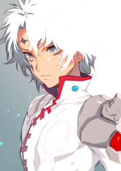  1boy akiyoshi_haru blue_eyes commentary_request grey_background male_focus senel_coolidge solo tales_of_(series) tales_of_legendia tattoo white_hair 