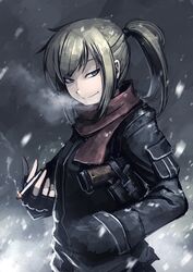  blonde_hair blue_eyes breath buckle cigarette commentary_request female fingerless_gloves gloves gun handgun hetza_(hellshock) holster jacket long_hair original ponytail scarf smile smoking snap-fit_buckle solo suzumi_(hetza) weapon 