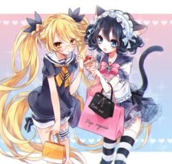  2girls :d animal_ears bag bell black_hair blonde_hair blue_eyes blush bridal_garter cake cat_ears cat_girl cat_tail cyan_(show_by_rock!!) food glasses hair_ribbon heart long_hair multiple_girls open_mouth retoree_(show_by_rock!!) ribbon school_uniform serafuku shimogu short_hair short_sleeves show_by_rock!! skirt smile striped_clothes striped_thighhighs tail thighhighs twintails very_long_hair yellow_eyes zettai_ryouiki 