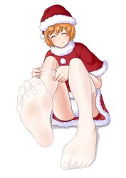  alice_margatroid blush closed_eyes cookie_(touhou) feet female highres hinase_(cookie) no_shoes orange_hair panties pantyshot pov pov_feet santa_costume sheer_legwear smile soles toes touhou underwear white_legwear 