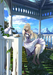  barefoot bench bird blonde_hair blue_eyes blue_sky breasts chef_no_kimagure_salad cleavage cloud cockatoo commentary_request day dress female flower gazebo grass hair_flower hair_ornament highres large_breasts long_hair looking_at_viewer mountain original outdoors parrot pointy_ears scenery sideboob sitting sky sleeveless sleeveless_dress solo sulphur-crested_cockatoo v 