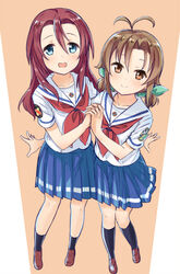  2girls abe_kanari blue_eyes blue_skirt blush brown_eyes brown_hair commentary_request hair_ribbon high_school_fleet himeji_kayoko interlocked_fingers long_hair looking_at_viewer matsunaga_ritsuko multiple_girls open_mouth photoshop_(medium) pleated_skirt purple_hair ribbon school_uniform serafuku short_hair short_sleeves short_twintails skirt smile twintails yokosuka_girls_marine_high_school_uniform 