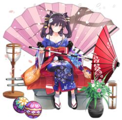  animal_ears ashigara_(azur_lane) ashigara_(brief_intermission)_(azur_lane) azur_lane bare_shoulders black_hair blush bow breasts cat_ears cleavage closed_mouth collarbone female flower full_body hair_flower hair_ornament holding holding_umbrella japanese_clothes kimono large_breasts looking_at_viewer medium_hair official_alternate_costume official_art oil-paper_umbrella red_bow red_eyes sandals sitting smile socks solo tabi tetsujin_momoko transparent_background twintails umbrella white_socks 