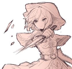  attack bad_id bad_twitter_id belt dagger djeeta_(granblue_fantasy) dress elbow_gloves female frown gloves granblue_fantasy hermit_(granblue_fantasy) holding hood knife sherad short_hair simple_background solo weapon white_background 