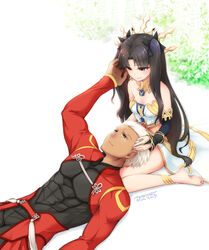  1boy archer_(fate) arm_warmers armor bare_shoulders barefoot black_hair commentary_request crown dark-skinned_male dark_skin earrings fate/grand_order fate/stay_night fate_(series) female hair_ornament hair_ribbon highres hoop_earrings iida_toyoyuki ishtar_(fate) jewelry long_hair long_legs lying_on_person red_eyes ribbon single_arm_warmer single_thighhigh thighhighs two_side_up white_hair 