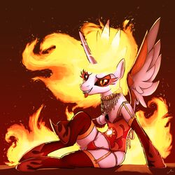  1:1 2017 absurd_res alicorn armwear barely_visible_genitalia barely_visible_pussy clothing corset daybreaker_(mlp) docwario elbow_gloves equid equine fangs female feral fire flaming_hair friendship_is_magic genitals gloves handwear hasbro hi_res horn legwear lingerie looking_at_viewer mammal my_little_pony mythological_creature mythological_equine mythology pseudo_hair pupils pussy sharp_teeth sitting slit_pupils solo stockings teeth thong topwear underwear wings yellow_eyes 