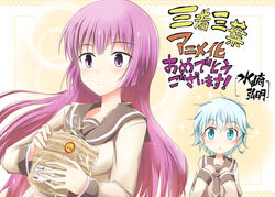  2girls announcement_celebration aqua_eyes aqua_hair artist_name bag blush bread_crust clenched_hands congratulations copyright_name food hands_on_own_chest holding holding_food light_smile multiple_girls nishikawa_youko plastic_bag purple_eyes purple_hair sale sansha_san&#039;you school_uniform serafuku short_hair signature sparkle suichuu_hanabi translated tsuji_sasame upper_body 