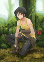  arrow_(projectile) bad_id bad_pixiv_id bare_shoulders black_hair bow_(weapon) bush collarbone denim female fingerless_gloves gloves grass green_eyes highres jeans on_one_knee original outdoors pants quiver shoes short_hair solo stormcow tank_top torn_clothes torn_jeans torn_pants tree weapon 