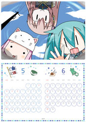  3girls animal_hat aqua_hair calendar_(medium) cat_hat chibi chibi_miku comiket_85 commentary_request food frog hat hatsune_miku headphones june long_hair may megurine_luka megurine_luka_(toeto) minami_(colorful_palette) mochi multiple_girls pink_hair smile snail solid_circle_eyes toeto_(vocaloid) twintails utility_pole vocaloid wagashi |_| 