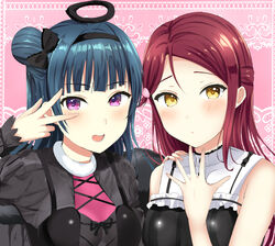  2girls bad_id bad_pixiv_id black_bow black_wings blue_hair blush bow commentary_request fake_halo feathered_wings frills fur_collar hair_bun hair_ornament hairband hairbow hairclip half_updo halo hand_on_another&#039;s_shoulder hand_up long_hair long_sleeves looking_at_viewer love_live! love_live!_sunshine!! morerin multiple_girls open_mouth pink_background purple_eyes red_hair sakurauchi_riko single_side_bun sleeveless smile tsushima_yoshiko upper_body w_over_eye wings yellow_eyes 