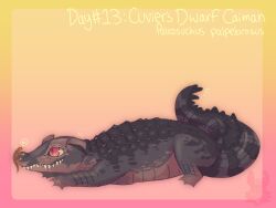  2022 ambiguous_gender brown_body brown_skin cuvier&#039;s_dwarf_caiman dialogue digital_media_(artwork) digital_painting_(artwork) duo english_text feral full-length_portrait gradient_background grey_body grey_scales handwritten_text hi_res jaspering on_nose pink_eyes portrait scales shaded simple_background size_difference species_name speech_bubble tail talking_feral teeth text yellow_text 