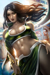  1girls arabian arabian_clothes arabian_female ayyasap batman_(series) belly belly_button black_hair cleavage dc dc_comics female female_only green_eyes harem_outfit large_breasts looking_at_viewer milf mother persian persian_clothing persian_female realistic sarong skirt solo talia_al_ghul 