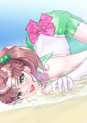  absurdres arion_canvas back_bow beach bishoujo_senshi_sailor_moon bow brown_hair circlet earrings elbow_gloves eyeshadow female flower_earrings gem gloves green_eyes green_eyeshadow green_gemstone green_sailor_collar green_skirt hair_bobbles hair_ornament highres jewelry kino_makoto leotard long_hair looking_at_viewer magical_girl makeup nails_visible_through_gloves open_mouth partially_submerged pink_bow pleated_skirt ponytail sailor_collar sailor_jupiter sailor_senshi_uniform skirt smile teeth top-down_bottom-up upper_teeth_only white_gloves white_leotard 