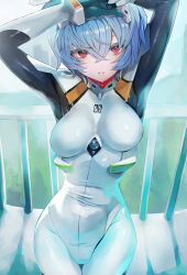  arms_on_head ayanami_rei black_sleeves blue_hair bodysuit breasts cowboy_shot female hair_ornament hands_on_own_head hashtag-only_commentary highres looking_at_viewer medium_breasts neon_genesis_evangelion parted_lips railing red_eyes short_hair solo taishi_(picchiridou) white_bodysuit 