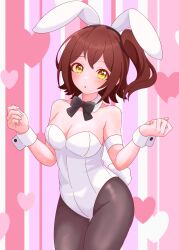  absurdres animal_ears black_bow black_bowtie black_pantyhose bow bowtie breasts brown_hair cleavage cowboy_shot detached_collar fake_animal_ears heart heart_background highres idolmaster idolmaster_million_live! kasuga_mirai leotard medium_breasts one_side_up pantyhose pink_background playboy_bunny rabbit_ears rabbit_tail raby_vivid short_hair strapless strapless_leotard tail w_arms white_leotard wrist_cuffs yellow_eyes 