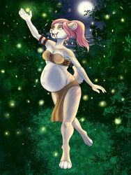  anthro belly big_belly big_fangs bottomwear bra brown_bottomwear brown_bra brown_clothing brown_loincloth brown_underwear clothed clothing fangs felid female fur green_eyes hair hi_res loincloth mammal markings moon night open_mouth outside pink_hair pink_markings plant pregnant pregnant_anthro pregnant_female shrub sky solo standing tan_body teeth tiggybloom underwear white_body white_fur 