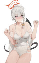  @_@ ai-bon blue_archive blush bow breasts casual_one-piece_swimsuit cleavage clothing_cutout collarbone demon_tail demon_wings female grey_hair hairbow halo haruna_(blue_archive) haruna_(swimsuit)_(blue_archive) highres large_breasts looking_at_viewer nervous_smile nervous_sweating nose_blush one-piece_swimsuit outline shawl side_cutout simple_background single_wing smile solo sweat swimsuit tail thighs white_background white_outline white_shawl wings yellow_bow 