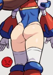  android ass blue_leotard brown_hair chiwino female from_behind gloves iris_(mega_man) joints leotard long_hair low-tied_long_hair mega_man_(series) mega_man_x4 mega_man_x_(series) robot_joints simple_background solo thighhighs very_long_hair white_gloves white_thighhighs 