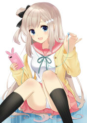  ahase_hino black_bow black_socks blue_eyes bow earphones female flower_hairpin highres holding holding_earphones holding_phone long_hair long_sleeves looking_at_viewer open_mouth original panties pantyshot phone pink_hair school_uniform serafuku simple_background single_earphone_removed sitting skirt smile socks solo thighhighs underwear white_background 