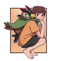  anthro bandai_namco barefoot beak blush bottomwear brown_body brown_feathers brown_hair claws clothing crouching digimon digimon_(species) digimon_survive duo falcomon falcomon_(survive) feathers feet fortremy green_eyes hair hi_res human male mammal minoru_hyuga shorts wings 