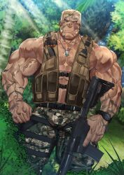  1boy abs absurdres bara biceps blonde_hair blue_eyes blurry blurry_background bodypaint bulge camouflage camouflage_jacket camouflage_pants feet_out_of_frame forest gun highres holding holding_gun holding_weapon jacket jewelry large_pectorals leather leather_belt looking_at_viewer male_focus manly mature_male muscular muscular_male nature necklace no_shirt original oyatu55k pants pectorals solo sweat sweatdrop thick_arms thick_eyebrows thick_thighs thighs tree veins weapon 