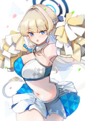  absurdres alternate_costume blonde_hair blue_archive blue_eyes blue_halo breasts cheering cheerleader confetti crop_top female halo highres holding holding_pom_poms koyuki_(koyuuuuuuuuuuu) koyuuuuuuuuuuu long_hair looking_at_viewer millennium_cheerleader_outfit_(blue_archive) pom_pom_(cheerleading) solo sports_bra toki_(blue_archive) two-tone_sports_bra 