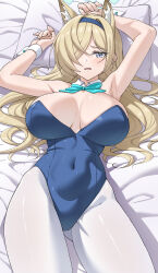  absurdres animal_ear_fluff animal_ears armpits bare_shoulders blonde_hair blue_archive blue_bow blue_eyes blue_jacket blush bow breasts collarbone covered_navel cowboy_shot dog_ears dog_girl extra_ears female groin hair_between_eyes hair_over_one_eye highleg highleg_one-piece_swimsuit highres jacket kanna_(blue_archive) large_breasts long_hair long_sleeves looking_at_viewer lying mzrz off_shoulder on_back on_bed one-piece_swimsuit pantyhose pillow playboy_bunny sharp_teeth sidelocks solo standing swimsuit teeth white_one-piece_swimsuit white_pantyhose 