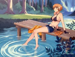  bare_shoulders barefoot black_gloves blue_shorts breasts cleavage female fingerless_gloves fire_emblem fire_emblem:_three_houses fire_emblem_heroes gloves highres leonie_pinelli medium_breasts navel orange_eyes orange_hair rein_creamsoda short_hair short_shorts shorts sitting smile solo stomach thighs water 