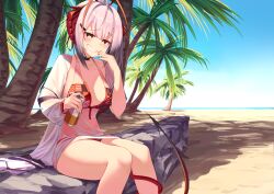  absurdres ahoge antenna_hair antennae arknights beach bikini black_choker blue_sky blush breasts can choker collarbone commentary demon_girl demon_horns demon_tail drink drink_can english_commentary female grey_hair grin hair_between_eyes hair_ornament hairclip hand_to_own_mouth highres holding holding_drink horns jacket large_breasts looking_at_viewer nail_polish open_clothes open_jacket outdoors palm_tree print_bikini raised_eyebrow red_bikini red_eyes red_horns red_nails senk_km sharp_tail short_hair sitting sky smile smug solo sparkling_eyes swimsuit tail tail_around_own_leg thighs tree w_(arknights) white_jacket 