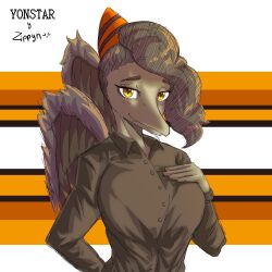  1:1 2024 anthro artist_name biped bone_frill breasts brown-hair brown_body brown_clothing brown_jacket brown_scales brown_topwear button_(fastener) clothed clothed_anthro clothed_female clothing colored eyebrows feathered_wings feathers female frill_(anatomy) goodbye_volcano_high grey_body grey_feathers half-length_portrait hand_behind_back hand_on_chest happy hi_res jacket looking_at_viewer markings medium_hair mtf_crossgender multicolored_body multicolored_scales naser_(gvh) nasera non-mammal_breasts orange_body orange_scales pattern_background portrait prehistoric_species pterodactylus pterosaur raised_inner_eyebrows reptile rule_63 scales scalie simple_background smile solo striped_markings stripes topwear two_tone_body two_tone_scales wings yellow_eyes yonstar_studios zippynwave 