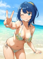  ;p absurdres beach bikini blue_bikini blue_eyes blue_hair blue_nails blue_sky blurry blurry_background bracelet breasts cloud collarbone day female fingernails hair_ornament hair_scrunchie highres jewelry large_breasts looking_at_viewer make_heroine_ga_oo_sugiru! nail_polish navel ocean one_eye_closed outdoors ponytail scrunchie sky solo swimsuit takenoko_no_you tongue tongue_out v yanami_anna yellow_scrunchie 