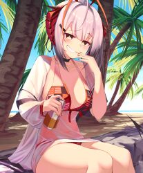  absurdres ahoge antenna_hair antennae arknights beach bikini black_choker blue_sky blush breasts can choker collarbone commentary demon_girl demon_horns demon_tail drink drink_can english_commentary female grey_hair grin hair_between_eyes hair_ornament hairclip hand_to_own_mouth highres holding holding_drink horns jacket large_breasts looking_at_viewer nail_polish open_clothes open_jacket outdoors palm_tree print_bikini raised_eyebrow red_bikini red_eyes red_horns red_nails senk_km sharp_tail short_hair sitting sky smile smug solo sparkling_eyes swimsuit tail thighs tree w_(arknights) white_jacket 