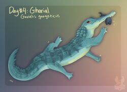  2022 ambiguous_gender blue_body blue_scales brown_eyes crocodilian digital_media_(artwork) digital_painting_(artwork) english_text feral fish_meat food full-length_portrait gavialid gharial gradient_background handwritten_text hi_res jaspering meat portrait prey_in_mouth reptile scales scalie simple_background snout solo species_name tail teeth text yellow_text 