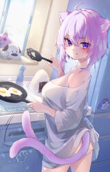  ahoge alternate_costume animal_ear_fluff animal_ears bare_shoulders bloop_(gawr_gura) blush breasts cat_ears cat_girl cat_tail chaki_chakiii commentary_request cookie crossed_bangs day double-parted_bangs female food fried_egg futo-inu hair_between_eyes highres holding holding_spatula hololive indoors kitchen large_breasts looking_at_viewer medium_hair naked_shirt nekomata_okayu off-shoulder_shirt off_shoulder okanyan_(nekomata_okayu) onigiri oversized_clothes oversized_shirt pout purple_eyes purple_hair shirt sleeves_past_elbows solo spatula standing tail tail_under_clothes tail_wagging virtual_youtuber white_shirt 