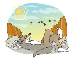  4_toes american_mythology anatid anseriform anserinae anthro avian bent_legs biped bird black_eyebrows black_nose blue_sky brown_eyes canid canine canis canyon casual_nudity chest_tuft cloud cloudy_sky colored coyote coyote_(native_american_mythology) coyote_stories crossed_arms crossed_legs curled_tail curling_tail digital_drawing_(artwork) digital_media_(artwork) eyebrows feet flat_colors flock_of_birds fur gloves_(marking) goose grey_body grey_fur grin group half-closed_eyes head_on_arm humanoid_feet humanoid_heel illustration indigenous_north_american_mythology knee_tuft knee_up knees_bent leg_markings leg_tuft lines_drawn low_res lying male mammal markings molly_trainor multicolored_body multicolored_fur mythology narrowed_eyes natural north_american_mythology nude on_back outdoor_nudity outside plantigrade reclining relaxed_expression relaxing rock shaded shadow sky skyscape smile smirk smug smug_expression smug_face smug_grin socks_(marking) solo solo_focus story_at_source sun supported_legs tail toe_wiggle toes tuft two_tone_body two_tone_fur white_body white_chest white_fur 