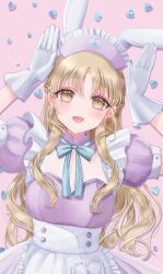  :d alternate_costume animal_ears apron blonde_hair blue_bow blue_bowtie blush bow bowtie breasts commentary dress fake_animal_ears female frilled_apron frills gloves hat heart-shaped_gem highres long_hair looking_at_viewer medium_breasts nijisanji nurse_cap open_mouth pink_background pink_dress puffy_short_sleeves puffy_sleeves rabbit_ears rabbit_pose sakurazawa_(sakuracandy123) short_sleeves sister_claire sleeve_cuffs smile solo symbol-only_commentary underbust upper_body virtual_youtuber waist_apron white_apron white_gloves yellow_eyes 