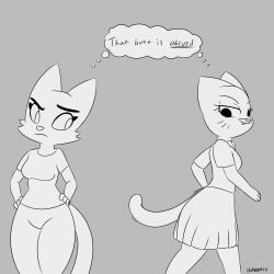  2024 3_fingers anthro artist_name big_breasts big_ears big_eyes big_iris biped black_text bottomwear breasts cartoon_network cheek_tuft clothed clothed_anthro clothed_female clothing collared_shirt crossover curved_eyebrows digital_drawing_(artwork) digital_media_(artwork) domestic_cat duo english_text eyebrows eyelashes facial_tuft fangs felid feline felis female fingers fran_(litterbox_comics) fully_clothed fully_clothed_anthro fully_clothed_female fur fur_tuft grey_background greyscale hands_on_hips hands_on_own_hips hi_res hornamoo iris legs_together litterbox_comics long_eyelashes looking_at_another mammal markings mature_anthro mature_female monochrome motion_lines motion_outline mouth_closed narrowed_eyes nicole_watterson no_pupils pants prick_ears shared_thought_bubble shirt simple_background skirt standing t-shirt tail teeth text text_emphasis the_amazing_world_of_gumball thick_thighs thin_eyebrows thought_bubble topwear tuft underline walking whisker_markings wide_hips 