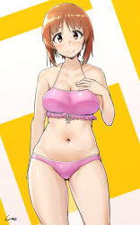  bikini breasts brown_eyes brown_hair commentary_request contrapposto female frilled_bikini frills girls_und_panzer hand_on_own_chest highres large_breasts navel nishizumi_miho pink_bikini shigekikkusu short_hair solo swimsuit 