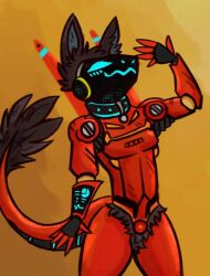  andromorph anonymous_artist anthro armor collar digital_media_(artwork) half_body hi_res intersex machine male orange_armor protogen protogen_armor simple_background solo tail 