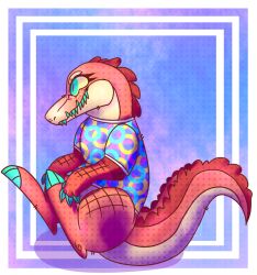  2017 abstract_background ambiguous_gender anthro bottomless claws clothed clothing crocodilian digital_drawing_(artwork) digital_media_(artwork) digitigrade eyelashes full-length_portrait jaspering pattern_clothing pattern_shirt pattern_topwear pink_body pink_scales portrait pupils reptile scales scalie semi-anthro shaded sharp_teeth shirt side_view sitting_on_tail slit_pupils soft_shading solo teal_claws teal_eyes teal_teeth teeth topwear 