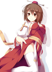  apple apple_on_head arch_bishop_(ragnarok_online) arrow_through_apple blush breasts brown_eyes brown_hair cleavage_cutout closed_mouth clothing_cutout commentary_request dress fal_maro feet_out_of_frame female food fruit highres jacket juliet_sleeves long_sleeves looking_at_viewer medium_breasts puffy_sleeves ragnarok_online red_apple red_dress sash shadow short_hair shrug_(clothing) simple_background smile solo thighhighs two-tone_dress white_background white_jacket white_thighhighs yellow_sash 