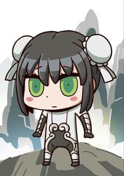  april_fools arm_guards black_hair blush_stickers bodysuit bun_cover chibi double_bun fate/grand_order fate_(series) female green_eyes hair_bun highres official_art qin_liangyu_(fate) riyo_(lyomsnpmp) short_hair solo white_bodysuit 