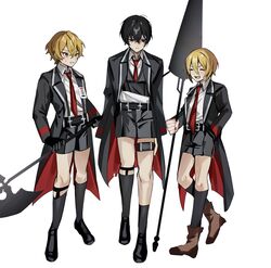  2boys belt black_belt black_coat black_eyes black_footwear black_hair black_shorts black_socks black_vest blonde_hair brown_eyes brown_footwear closed_eyes coat collared_shirt commentary_request don_quixote_(project_moon) female hair_between_eyes halberd hand_in_pocket highres holding holding_polearm holding_weapon lance limbus_company long_sleeves mu46016419 multiple_boys necktie open_clothes open_coat open_mouth polearm project_moon red_necktie shirt short_hair shorts sinclair_(project_moon) smile socks sweat vest weapon white_background white_shirt yi_sang_(project_moon) 