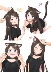  ? absurdres aina_(mao_lian) all_fours anger_vein animal_ear_fluff animal_ears barefoot black_choker black_hair blue_eyes blush bottomless cat_ears cat_tail cheek_pinching choker closed_eyes collarbone ear_fondling female hand_on_another&#039;s_chin headpat heart highres long_hair mao_lian_(nekokao) multiple_views oerba_yun_fang open_mouth original pinching playing_with_another&#039;s_ears profile shirt slit_pupils solo_focus stroking_another&#039;s_chin t-shirt tail white_background 