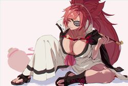  absurdres arere_r baiken big_hair black_jacket black_kimono breasts cleavage eyepatch facial_tattoo female guilty_gear guilty_gear_strive highres holding holding_smoking_pipe jacket jacket_on_shoulders japanese_clothes kataginu kimono large_breasts long_hair multicolored_clothes multicolored_kimono one-eyed open_clothes open_kimono pink_hair ponytail red_eyes samurai sandals scar scar_across_eye scar_on_face smoking_pipe tattoo white_kimono 