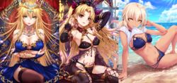  artoria_pendragon_(all) artoria_pendragon_(lancer) bikini blonde_hair breasts chains cleavage crown dress ereshkigal_(fate/grand_order) fate/grand_order fate_(series) garter green_eyes long_hair navel necklace red_eyes ribbons saber sakiyamama shirt_lift stockings swimsuit wristwear yellow_eyes 