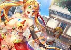  2girls :d armlet bare_shoulders belly_chain bikini blonde_hair blue_eyes blue_gemstone blue_sky blush bracelet breasts bridal_gauntlets cleavage cloud collarbone commentary_request dancer day earrings gem glint gold_choker green_eyes groin hair_between_eyes harem_outfit harp head_chain heterochromia instrument jewelry large_breasts lens_flare long_hair looking_at_another low_ponytail luupechi midriff multiple_girls navel nipple_shield oerba_yun_fang open_mouth original outdoors red_bikini revealing_clothes siblings sideboob sidelocks single_bridal_gauntlet sisters sitting skin_fang sky smile sparkle standing sunlight sweat swimsuit town tree tree_shade twins twintails underboob upper_body very_long_hair waist_cape yuki_(luupechi) yuri_(luupechi) 