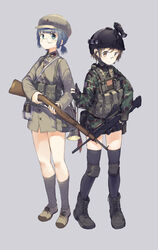  2girls absurdres assault_rifle blue_hair bolt_action brown_eyes brown_hair bugle bullpup camouflage china chinese_commentary commentary glasses gloves green_eyes gun hat helmet highres holding holding_gun holding_weapon instrument jiefang_shoes knee_pads load_bearing_vest military military_uniform mosin-nagant multiple_girls original partially_fingerless_gloves people&#039;s_liberation_army photoshop_(medium) ponytail qbz-95 rifle short_hair simple_background thighhighs thumbs_up uniform weapon zhongye_yu 